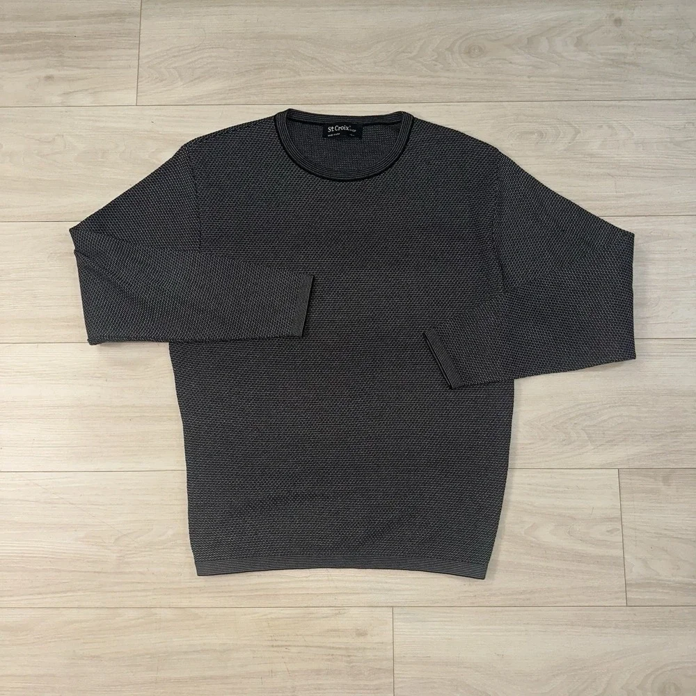 Vintage St. Croix Knits Men's Sweater Size L Cotton Blend Black Birds Eye Preppy - Picture 2 of 8